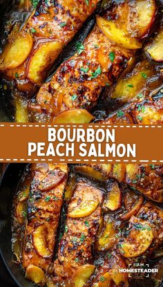 Bourbon Peach Roasted Salmon takes salmon filets to a new level by marinating them in a rich bourbon peach blend. These filets are then seared and roasted, allowing the marinade to caramelize into a mouthwatering glaze. Fresh peach slices soften during cooking, releasing their juices and infusing the dish with extra sweetness and juiciness. Sweet Bourbon Salmon, Marinate Fish Recipes, Peach Glazed Salmon, Brown Stew Salmon, Salmon Recipes For Meal Prep, Healthy Cooked Meals, Bourbon Peach Salmon, Peach Bourbon Baked Beans, Chopped Salmon Recipes