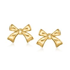 Ross-Simons - 14kt Yellow Gold Bow Earrings. RS Pure. Modern designs that complete your outfit and complement your personality. Pretty and petite, our handcrafted 14kt yellow gold bow earrings are a dainty take on the big trend! Finish off any look with these simple, adorable ribbons. Post/clutch, 14kt yellow gold bow earrings. Yellow Gold Bow Earrings For Wedding, Classic Gold Bow Earrings, Classic Bow Earrings For Anniversary, Bow Earrings Gold, Dress Tiktok, 16 Outfits, Sweet 16 Outfits, Bow Aesthetic, Aesthetic Earrings