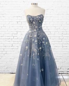 Blue Celestial Prom Dress Embroidered Fitted A-line Evening Dress, Embroidered Dresses With Fitted Bodice For Evening, Formal Embroidered Tulle Dress, Fitted Embroidered Dresses For Prom Season, Blue Embroidered Dress With Fitted Bodice, Embroidery Tulle Dress, Aramex Delivery, Prom Dress Strapless, Embroidery Tulle