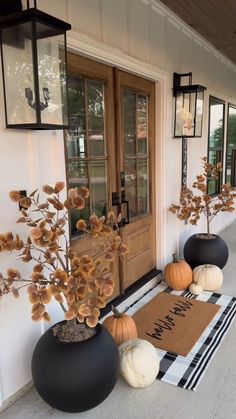 front porch decorated for fall with pumpkins and gourds