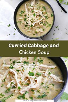 two bowls filled with chicken soup and garnished with parsley on the side