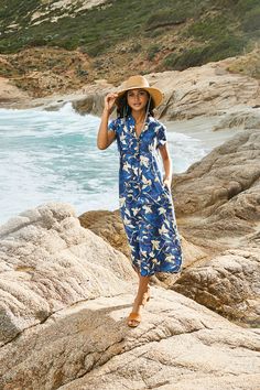 Blue Linen Summer Dress For Vacation, Blue Linen Summer Beach Dress, Vacation Linen Dress With Floral Print, Summer Beach Linen Dress With Floral Print, Floral Linen Dress For Vacation, Floral Print Linen Dress For Vacation, Casual Linen Dress With Floral Print For Beach, Blue Linen V-neck Dress For Vacation, Blue V-neck Linen Dress For Vacation