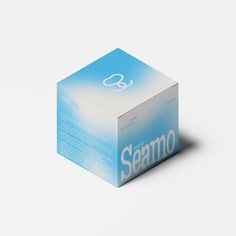 a blue box with the word seamo printed on it, sitting on a white surface