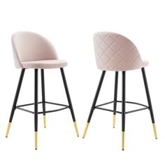 two pink and black bar stools with gold legs, one is upholstered