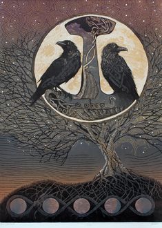 two black crows sitting on top of a tree in front of a moon and stars