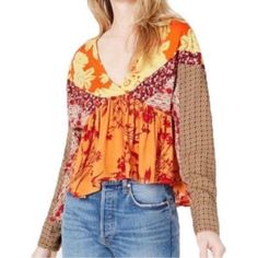 Free People Boho Top Size Xs Nwt V Neckline Dolman Style Sleeves Color Tangerine Button Closure On Cuffs Loose Fitting 100% Rayon Yellow Long Sleeve Patchwork Tops, Long Sleeve Yellow Patchwork Tops, Casual Multicolor Mixed Print Tops, Spring V-neck Patchwork Tops, Casual Yellow Patchwork Tops, Yellow Cotton Patchwork Top, Spring Patchwork V-neck Tops, Fitted Casual Tops With Mixed Print, Casual Fitted Tops With Mixed Print