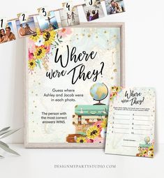 Editable Where were They? Bridal Shower Game Wedding Shower Activity Sunflowers Travel Adventure Bride Groom Corjl Template PRINTABLE 0030 Travel Bridal Shower Games, Wedding Shower Activities, Photos Of The Bride, Travel Bridal Showers, Game Wedding, Digital Sign, Bridal Shower Activities, Spring Bridal Shower, Digital Signs