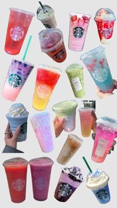 many different types of drinks in plastic cups with straws and lids are being held up