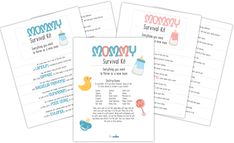 three printable baby shower game cards with the words mommy, survivor kit and rubber ducky