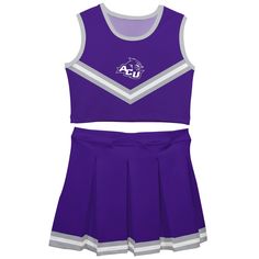 Let your daughter look cool in her new team spirit two-piece Cheer Cheerleader Set. Let her play, enjoy the games, cheer loudly and proudly with her Abilene Christian Wildcats ACU gear by Vive La Fete. Celebrate and cheer on game day with our classic design Abilene Christian Wildcats ACU Purple cheerleader set with pleated skirt and elastic waistband. Officially Licensed product sold by Vive La Fete. This awesome graphics, fun and game day cheerleader set features officially licensed Abilene Christian Wildcats ACU colors and graphics will become an essential part of her wardrobe; perfect to cheer for her favorite team. This timeless design cheerleader two-piece set made with top-quality long-lasting four-way stretch polyester spandex blend, sublimated moisture wicking soft knit fabric that Fitted Sleeveless Tops For Cheerleading, Fitted Sleeveless Top For Team Spirit, Fitted Sleeveless Team Spirit Tops, Purple Fitted Sets For Playwear, Fitted Cotton Cheerleading Sets, Purple Sleeveless Top For Playwear, Sleeveless Purple Tops For Playwear, Fitted Sleeveless Tops For School Spirit, Sporty Fitted Sets For Playwear