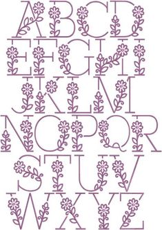 the alphabet is made up of flowers and leaves, with letters that are outlined in purple