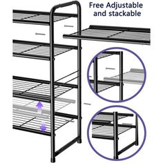 the three tiered shelf is shown with two blue arrows pointing up to it's bottom