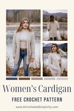 woman's cardigan free crochet pattern with four photos and text that reads, women's cardigan free crochet pattern