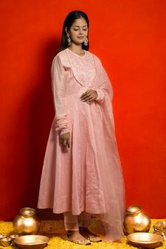 Baby pink anarkali with resham, thread embroidery in floral pattern and lace border. Paired with sheer panelled pant and dupatta. - Aza Fashions Churidar Sleeves, Floral Anarkali, Pink Anarkali, Thread Embroidery, Lace Border, Fashion App, Churidar, Set For Women, Anarkali