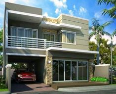 a car is parked in front of a two story house with balconies on the second floor