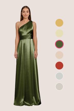 a woman in a long green dress standing next to color swatches and an image of the