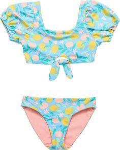 Snapper Rock Kids' Lemon Drops Puff Sleeve Knot Front Two-Piece Swimsuit | Nordstrom Cute Summer Swimwear For Sunbathing, Playful Stretch Swimwear For Spring, Cute Swimwear With Uv Protection For Poolside, Cute Swimwear With Uv Protection For Vacation, Uv Protection Swimwear For Spring Playwear, Cute Printed Swimwear For Beach Season, Cute Spring Swimwear For Pool, Cute Swimwear For Spring Pool Occasions, Cute Swimwear For Pool In Spring