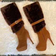 Brand New, Never Worn. Comes With Box And Original Protective Packaging, And Extra Pair Of Heel Replacements. Red Bottomed Knee High Brown Suede Platform Boots With Brown Fur And Silver Buckles. Perfect For Fall! Thigh High Fur Boots, Brown Suede Party Boots, Brown Suede Boots For Party, Party Suede Brown Boots, Winter Brown Platform Heels, Brown Heels With Suede Lining For Party, Brown Suede Lined Heels For Party, Long Heels, Shoe References