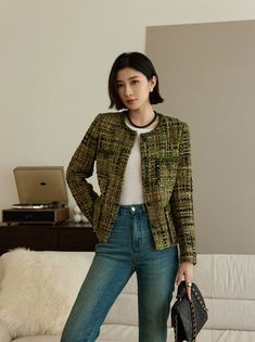 This exquisite handmade tweed bouclé jacket in multi-green hues is a true statement piece for any wardrobe. Crafted with meticulous attention to detail, this jacket exudes elegance and sophistication. The intricate bouclé fabric adds texture and depth to the design, creating a visually appealing look that is both timeless and chic. The combination of various shades of green gives the jacket a rich and luxurious appearance, perfect for adding a pop of color to any outfit. Accentuating the jacket Luxury Zara Tweed Outerwear, Tweed Boucle Jacket Outfit, Green Single Breasted Tweed Jacket, Green Single Breasted Tweed Jacket With Long Sleeves, Green Single-breasted Long Sleeve Tweed Jacket, Green Single-breasted Tweed Jacket For Fall, Green Tweed Jacket For Winter, Green Tweed Spring Blazer, Spring Green Tweed Blazer