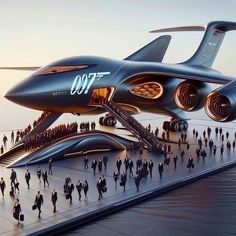 a group of people standing in front of a futuristic flying vehicle that looks like a plane