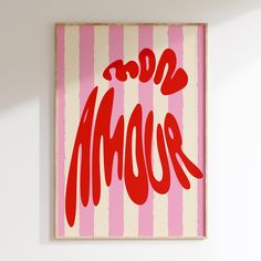 a pink and white painting with the word mood on it's side in red