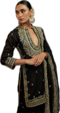 Silk Sharara With Sheer Dupatta And Straight Kurta, Festive Sharara With Straight Kurta For Eid, Straight Kurta Sharara With Chikankari Embroidery, Elegant Chanderi Sharara With Intricate Embroidery, Festive Sharara With Straight Kurta, Elegant Sharara With Straight Kurta For Navratri, Festive Chinon Palazzo Set, Eid Palazzo Set With Sheer Dupatta And Straight Kurta, Elegant Straight Kurta Anarkali Set For Festivals