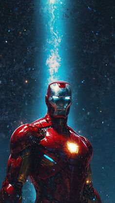 an iron man standing in the middle of space with his hands on his hips and glowing eyes