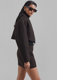 Color: Brown Midweight wool blend fabric Cropped profile Pointed collar Drop shoulders Front zip closure Lined 90% Wool 10% Polyamide Dry Clean Imported The Frankie Shop, Wool Mini Skirt, Frankie Shop, Clothes Shop, Wool Jacket, Limited Stock, Drop Shoulder, Latest Fashion Trends, Wool Blend