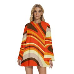 * 70s Dress Style: Embrace the vibrant and funky fashion of the 70s with this stunning dress, featuring a bold and groovy stripe pattern. * Abstract Orange Groovy Dress, Disco Dress: This dress boasts a beautiful mix of orange, yellow, and brown stripes in an abstract pattern, perfect for making a statement. * Vintage 70s Style Tent Dress: The tent style bodice provides a flattering and comfortable fit, with a single button keyhole enclosure on the back for added detail. * Chiffon Dress with Bel 70s Dress Style, 70s Disco Fashion Women, Swinging Sixties Fashion, 60s Style Mini Dress, Groovy Dress, 70s Mode, 70s Fashion Dresses, 1940s Fashion Dresses, Vintage Inspired Shoes