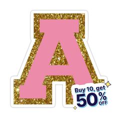 a pink and gold glitter sticker with the letter a on it's side