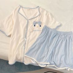 Cute Cotton Sleepwear, Casual Spring Bedtime Sets, Casual Bedtime Sets For Spring, Casual Spring Pajama Party Sets, Cute Cotton Sleepwear For Pajama Party, Comfortable White Sleep Set, Comfortable White Sleepwear Set, Kawaii Cotton Sleepwear For Bedtime, Cute Cotton Pajama Shorts For Loungewear