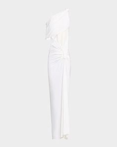 "Find CHRISTOPHER ESBER Lever Twisted Cutout One-shoulder Gown on Editorialist. Christopher Esber \"Lever\" draped gown featuring a knotted shoulder and a twisted waist cutout Oneshoulder neckline Shortsleeve right; sleeveless left Column silhouette Full length Invisible back zip Viscose Imported" White Pre-draped Draped Evening Dress, White Draped Evening Dress For Gala, White Gown With Asymmetrical Neckline For Evening, Elegant White Draped One Shoulder Dress, White Draped Maxi Dress For Evening, White Maxi Dress With Draped Sleeves For Evening, White Pre-draped Evening Maxi Dress, White Pre-draped Maxi Dress For Evening, Pre-draped White Maxi Dress For Evening