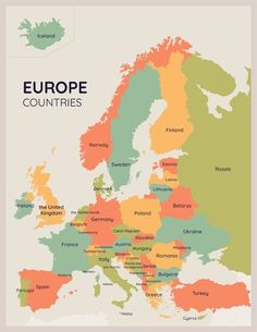 europe countries map with all the major cities and their names in orange, green, yellow, blue