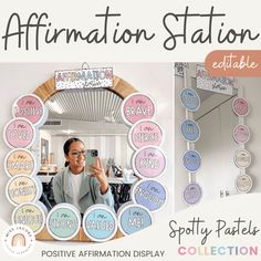 a woman taking a selfie in front of a mirror with the words affirmation station