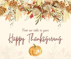 a watercolor thanksgiving card with an orange pumpkin surrounded by pine cones and leaves on a white background