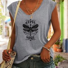 Gypsy Soul T-Shirt Round Neckline Sleeveless New In Package Casual Spring Vest With Graphic Print, Casual Graphic Print Vest For Spring, Spring Graphic Tee Sleeveless Top, Spring Sleeveless Graphic Tee, Sleeveless Spring Graphic Tee, Sleeveless Graphic Tee For Spring, Summer Graphic Print V-neck Tank Top, Summer V-neck Tank Top With Graphic Print, Spring Graphic Sleeveless Tank Top