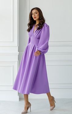 Purple V-Neck Puff-Sleeve Midi Dress – ELAGIA Purple Dress Formal, Purple Dress Outfits, Party Dress Elegant, Dress Outfits Party, A Line Prom Dress, Purple Midi Dress, Foto Baby, A Line Prom Dresses, Midi Dress Party