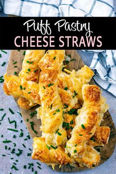 A board full of cheese straws with a text overlay title.