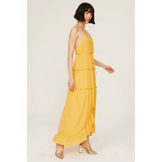 Yellow rayon (100% Rayon). Hourglass. V-neck. Sleeveless. Front button closure. 57" from shoulder to hemline. Imported. Summer Yellow Rayon Maxi Dress, Chic V-neck Lined Sundress, Chic Lined V-neck Sundress, Rayon V-neck Sundress Maxi Dress, V-neck Rayon Maxi Sundress, Sleeveless V-neck Summer Dress Lined, Summer Sleeveless V-neck Lined Dress, Chic V-neck Viscose Dress For Summer, Chic Spring Sundress Made Of Rayon