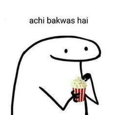 a drawing of a person eating popcorn and holding a cup with the caption achi bakwas hai