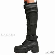 Lasaky - Code Buckle Low-Heeled High-Platform Knee-High Boots Lace-up Platform Boots With Buckle For Winter, Winter Platform Boots With Buckle Closure And Closed Toe, Winter Faux Leather Combat Boots With Closed Toe, Edgy Knee-high Boots With Round Toe For Winter, Winter High Heel Lace-up Boots With Buckle Closure, Wide Calf Combat Boots With Round Toe For Winter, Winter Lace-up Heeled Boots With Buckle Closure, Winter Combat Boots With Wide Calf And Round Toe, High Heel Combat Boots With Buckle Closure For Fall