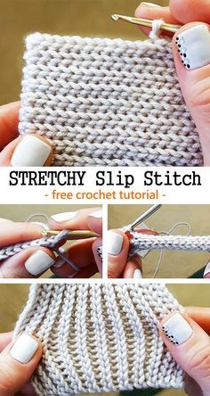 the instructions for knitting and crocheting are shown in three different pictures, including one with