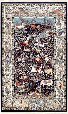 an intricately decorated rug with animals and trees