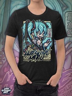 🎸 Celebrate Hatsune Miku's global influence with this retro style world tour t-shirt! ♪ Pre-distressed graphics for an authentic, worn out look. (see photos) ♪ Premium heather black fabric ♪ 90% Cotton 10% Polyester ♪ Pre-shrunk fabric ♪ Unisex fit ⚠️ PLEASE NOTE: This piece is fan art and is NOT affiliated with Crypton Future Media or the official HATSUNE MIKU project! Black Harajuku T-shirt For Concert, Harajuku Style Black T-shirt For Concerts, Harajuku Style Screen Print T-shirt For Fan Conventions, Harajuku Style Cotton T-shirt For Alternative Fashion, Harajuku Style Graphic T-shirt For Fan Merchandise, Harajuku Style Graphic Print T-shirt For Fans, Harajuku Style Crew Neck T-shirt For Concerts, Harajuku Style T-shirt With Front Print For Fans, Grunge Graffiti Print T-shirt For Fans