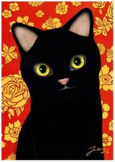 a painting of a black cat with green eyes on a red and yellow floral background