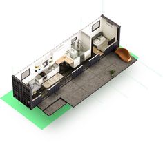 the floor plan of a container home with an open kitchen and living room in it