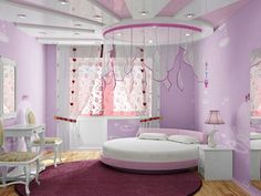 a bedroom decorated in pink and purple colors