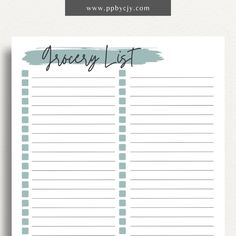 a printable grocery list with the words grocery list written in black ink on it