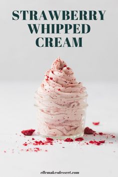 strawberry whipped cream in a glass jar with sprinkles on the side and text overlay