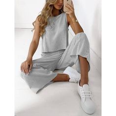 Season:Summer,Spring; Fabric:Cotton And Linen; Sleeve Length:Long Pant,Sleeveless; Gender:Women's; Nightwear Style:Sets,Pajamas,Loungewear; Style:Casual; Elasticity:Micro-elastic; Occasion:Home; Function:Breathable; Pattern:Pure Color; Neckline:Crew Neck; Bottom Type:Pant; Listing Date:02/21/2024; Length [Bottom]:; Length [Top]:; Bust: Wide Leg Pants Pattern, Celana Fashion, Basic Streetwear, Pant Suits For Women, Two Piece Pants Set, Pantsuits For Women, Linen Casual, Mini Robes, Suit Pants